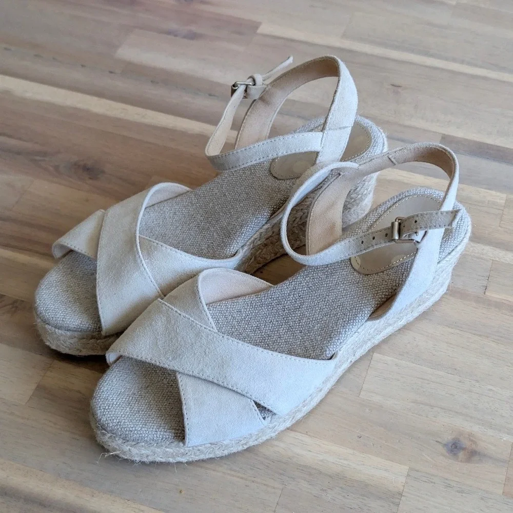Boden Suede Espadrille Wedge Sandals Beige Platform Ankle Strap Size 40‎ (US 9)